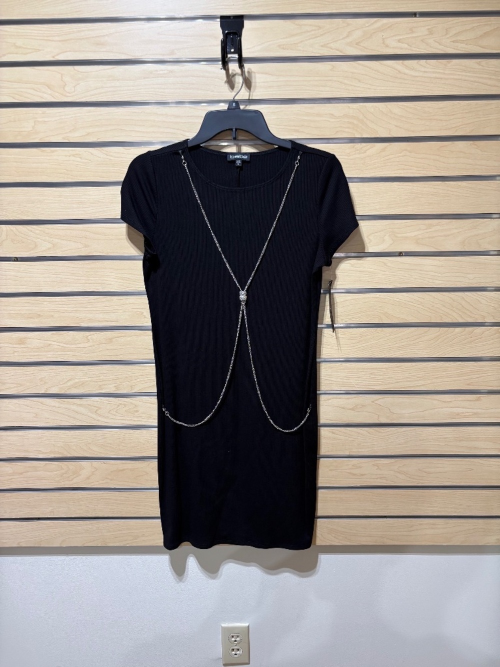NWT Bebe black ribbed bodycon dress with rhinestone chain trim size XS